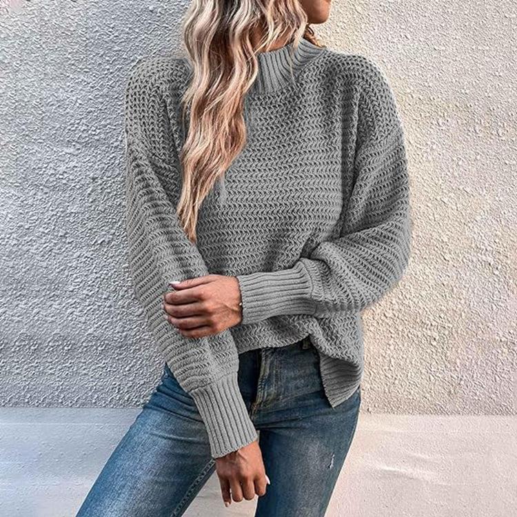 Women Warm Knitted Sweater Round Neck Pullover Jumpers Long Sleeve High Collar Knit Sweaters Tops Outerwear