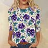 Women’s Crew Neck 3/4 Sleeve Casual Top with Floral Print Lightweight Pullover Loose Fit Blouse for Everyday Wear