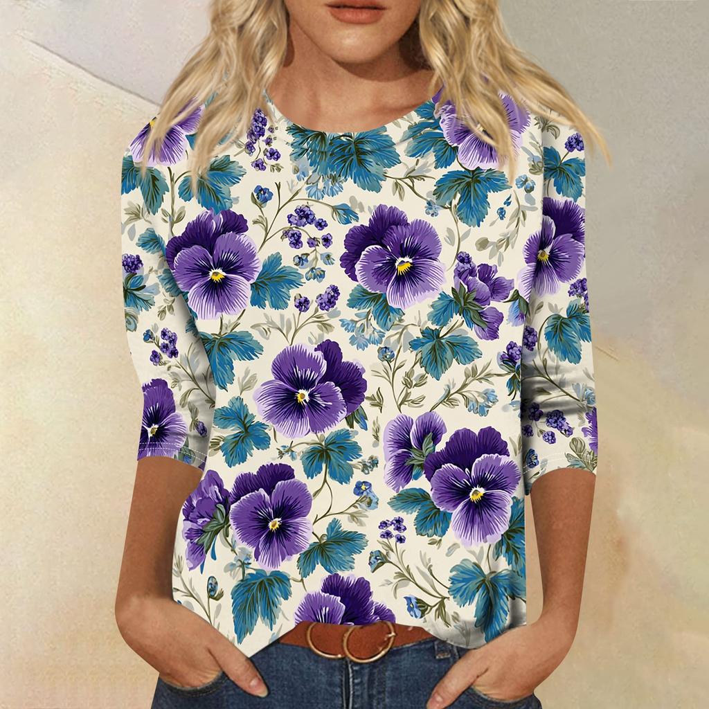 Women’s Crew Neck 3/4 Sleeve Casual Top with Floral Print Lightweight Pullover Loose Fit Blouse for Everyday Wear