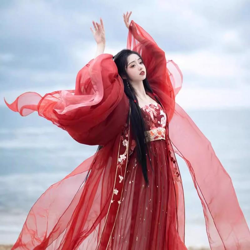 Традиционный китайский девятихвостый лис Вышитый набор Hanfu Платье с длинным рукавом Верхняя одежда Пояс Юбка Женский