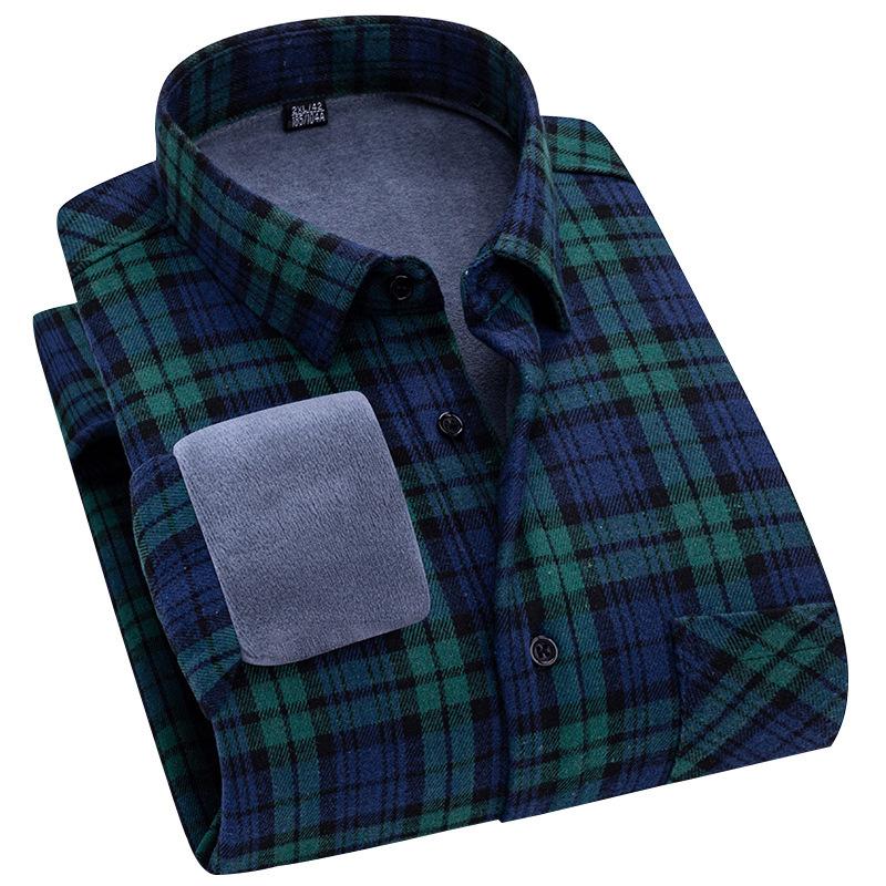 Цельная бархатная клетчатая теплая рубашка с длинными рукавами для мужчин на осень и зиму — фото 4