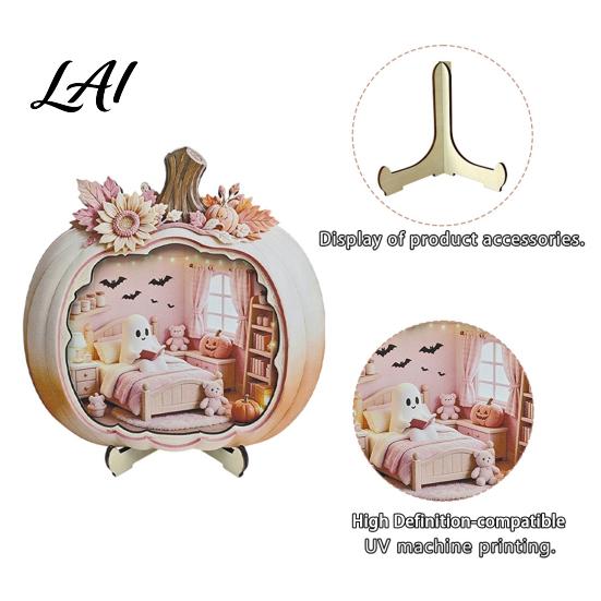 Indoor Fall Tabletop Centerpiece Halloween Ghost Pumpkin Wooden Plaque 2D Flat Sign Gift for Lovers Spooky Bathing Reading Ornament Home Office