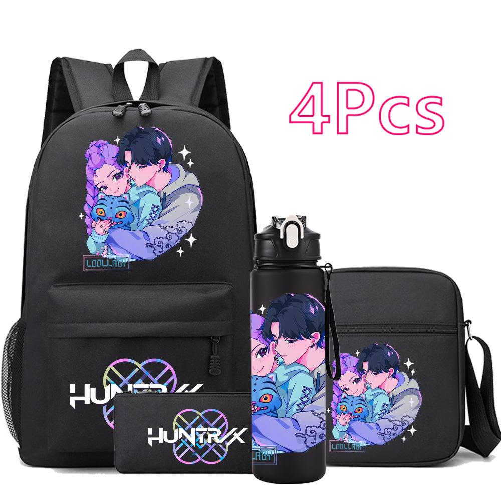 4Pcs/set New Cartoon Kpop Printed Backpack Large Capacity Bookbag Shoulder Bag Case Bag with 750ml Water Bottler Boy Girl School Bag Kid Gift