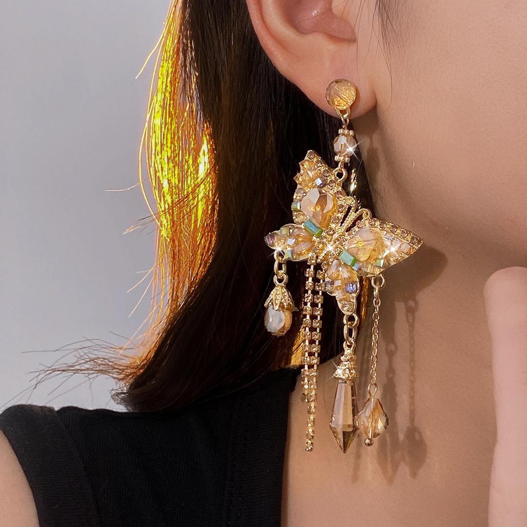 Silver Needle European and American Exaggerated Diamond-encrusted Butterfly Tassel Earrings Light Luxury Premium Earrings Holiday Temperament Earrings