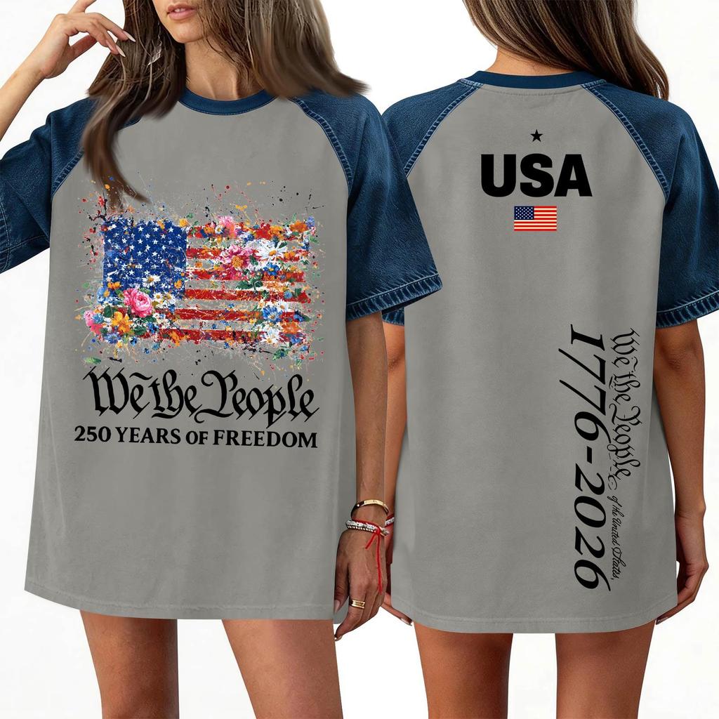 Women's Denim Patchwork Top,  Casual Short-sleeved Comfortable T-shirt,  Fashionable For Spring And Summer.