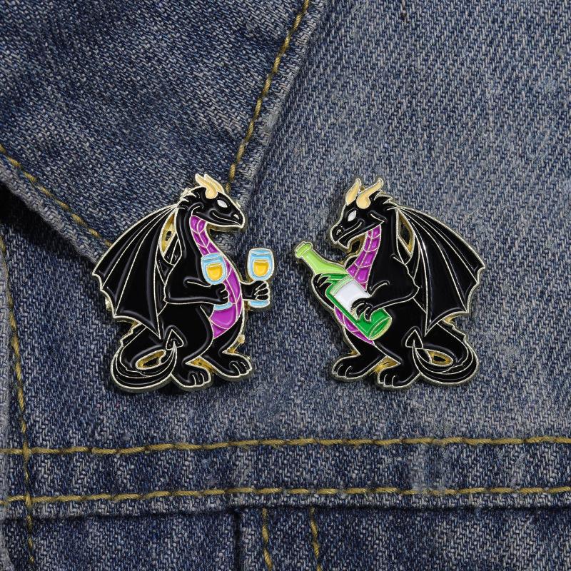 Playful Dinosaur Black Drink Cup Metal Brooch Creative Animal Badge Accessory For Fashion Enthusiasts