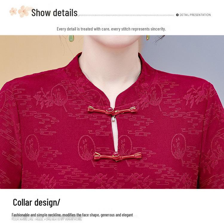 Middle-Aged Women's Jacquard Silk Two-Piece Summer Set - Short-Sleeved Chinese National Style