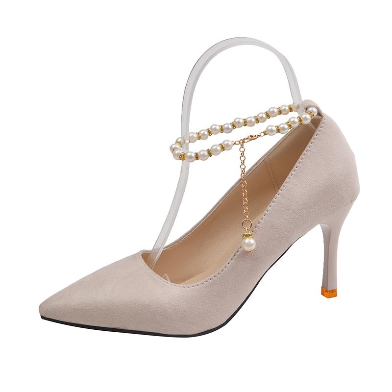 Fashion Stiletto Single Shoes Autumn New Pointed Toe Shallow Mouth Beaded One Strap Anti-Slip Wear-Resistant High Heels