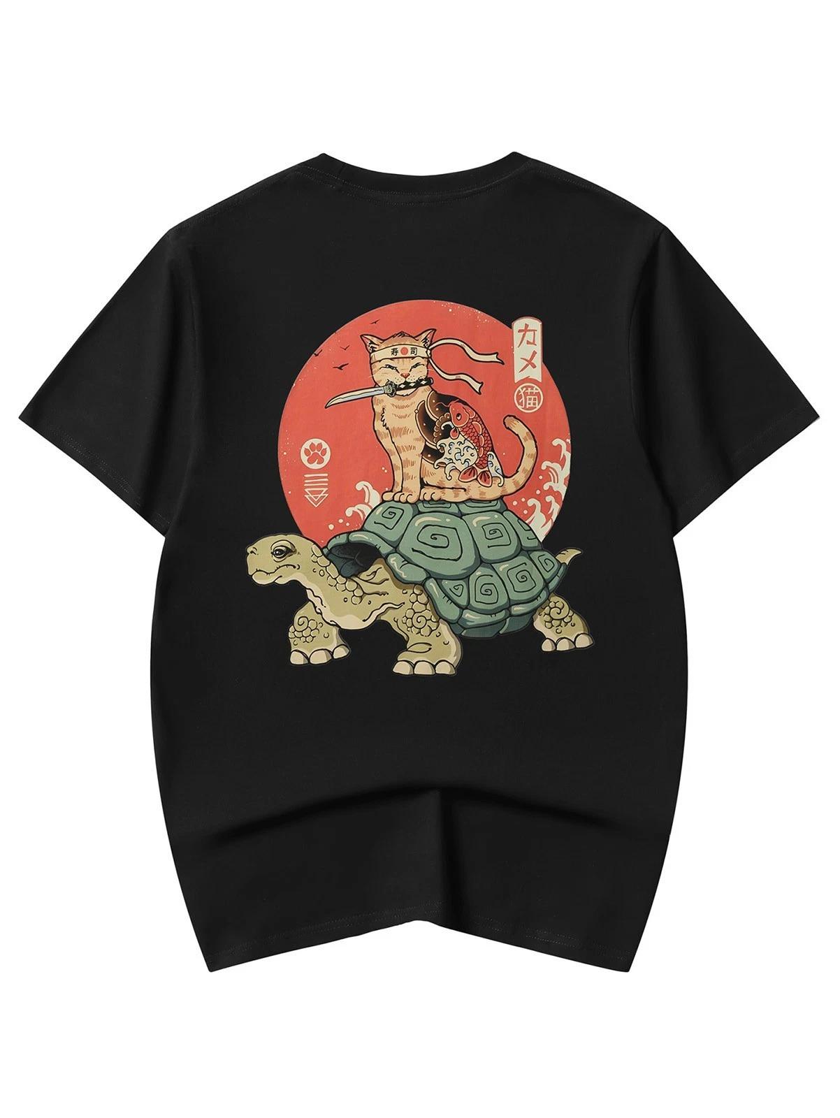 Футболка с графическим принтом Niepce Tortoise X Samurai Cat Японский стритвир Футболка с круглым вырезом S