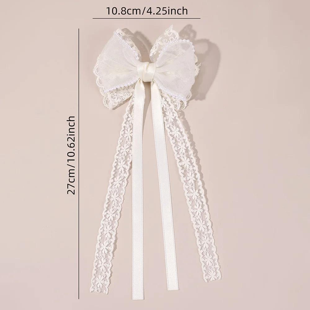2Pcs Beige Lace Bow Hair Clips With Long Ribbon Elegant Pearl-trimmed Chiffon Bownot Barette For Girls Women Hair Accessories