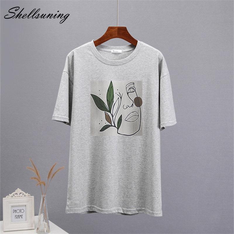 Shellsuning Abstract Character Graphic T Shirts Women Summer Soft Cotton Short Sleeve Tees Female Harajuku Chic Streetwear Tops