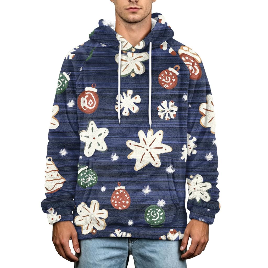 Men's Christmas Print Flannel Hoodie Plus Size Casual Hooded Sweatshirt for Fall and Winter