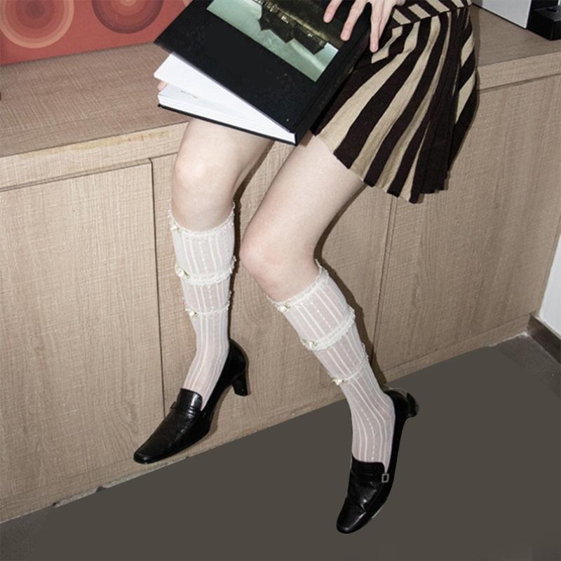 Ruffle Sheer Knee High Socks for Women Girl Stretchy Silk Stockings Student Girls Stockings Tube Socks Nylons Calf Socks