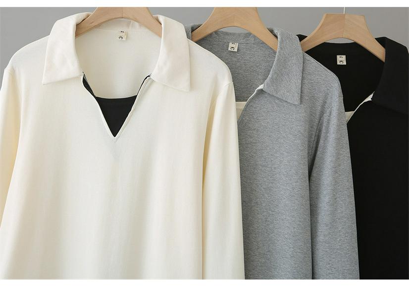 2026 Spring Plus Size Women's Long Sleeve Color Block 2-in-1 Cotton T-Shirt Slimming Top