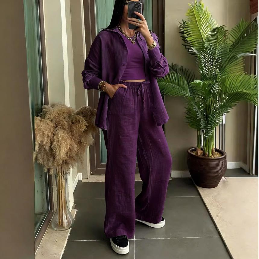 Spring Fashion Women's Plus Size Two-Piece: Linen-Style Shirt & High-Waisted Loose Pants