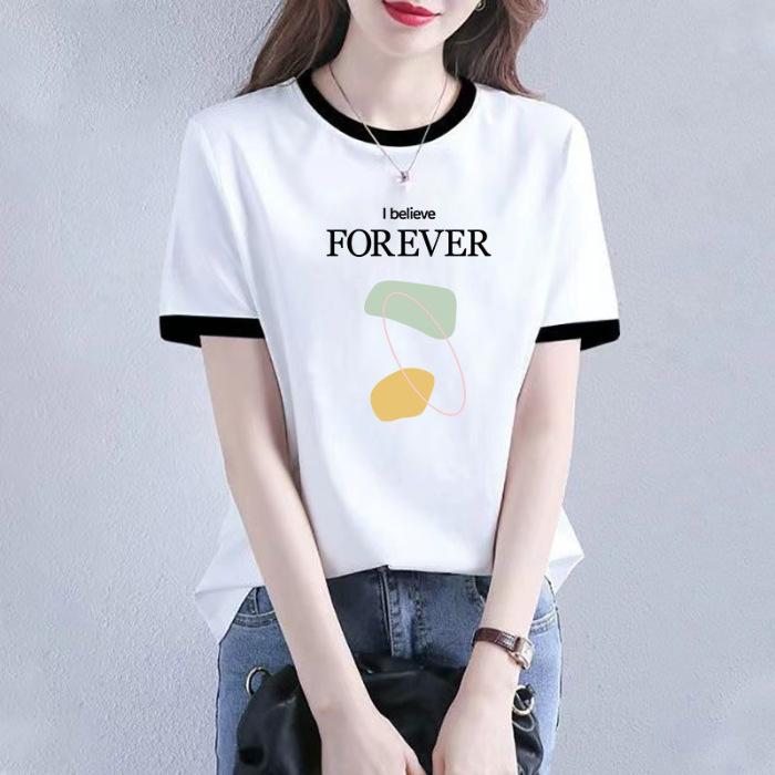 

(Back collar) 100% cotton short-sleeved T-shirt women s summer, European station black and white splicing contrasting color T-shirt ins top M белый