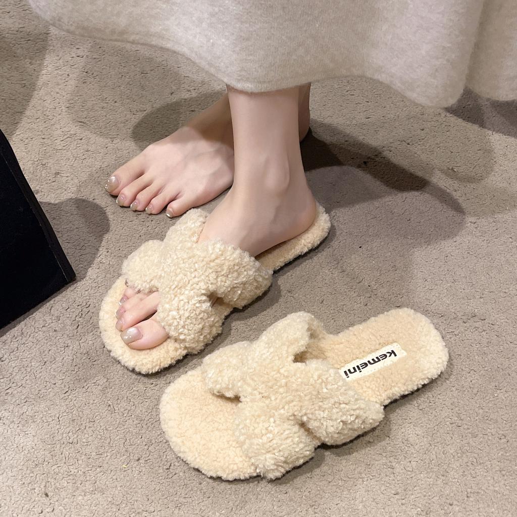 Large Size Women's Shoes 41-43 Fat Feet Small Fragrant Flat-bottomed Fluffy Slippers Women's Autumn and Winter Wear Comfortable Soft Sole One-word Cot