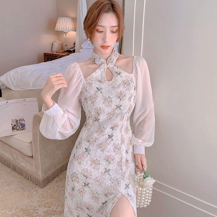 Besticktes Perlen-Cheongsam-Kleid mit schlanker Passform, mittellang, sexy Seitenschlitz, lange Kleider