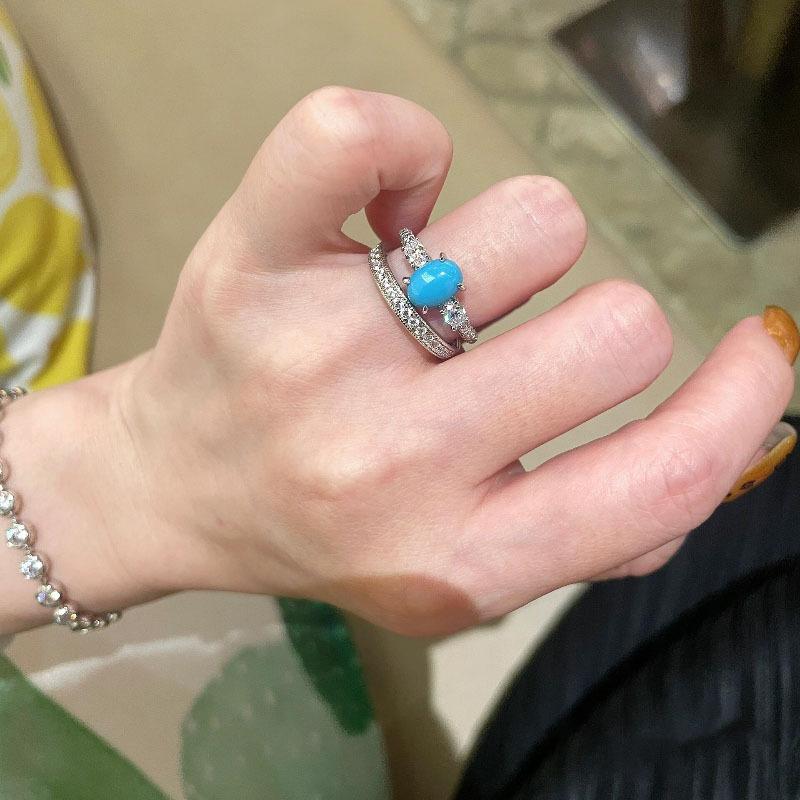Retro High-End Oval Set Four Claw Turquoise Rings For Women Light Luxury   Blue Ring Suitable For Daily Jewelry Gifts