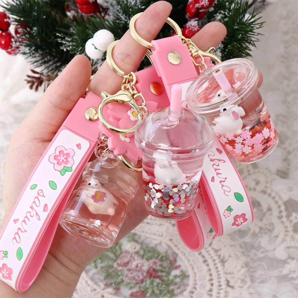 Bag Pendant Moving Liquid Boba Keychain Rabbit Milk Tea Cup Keyring Liquid Keychain Key Ring