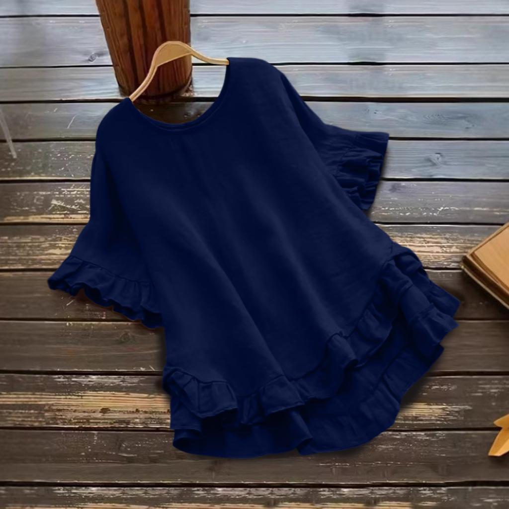 Women's Fashionable Plus Size Color Round Neck Ruffle Short Sleeved  Round Neck Loose Pullover Top