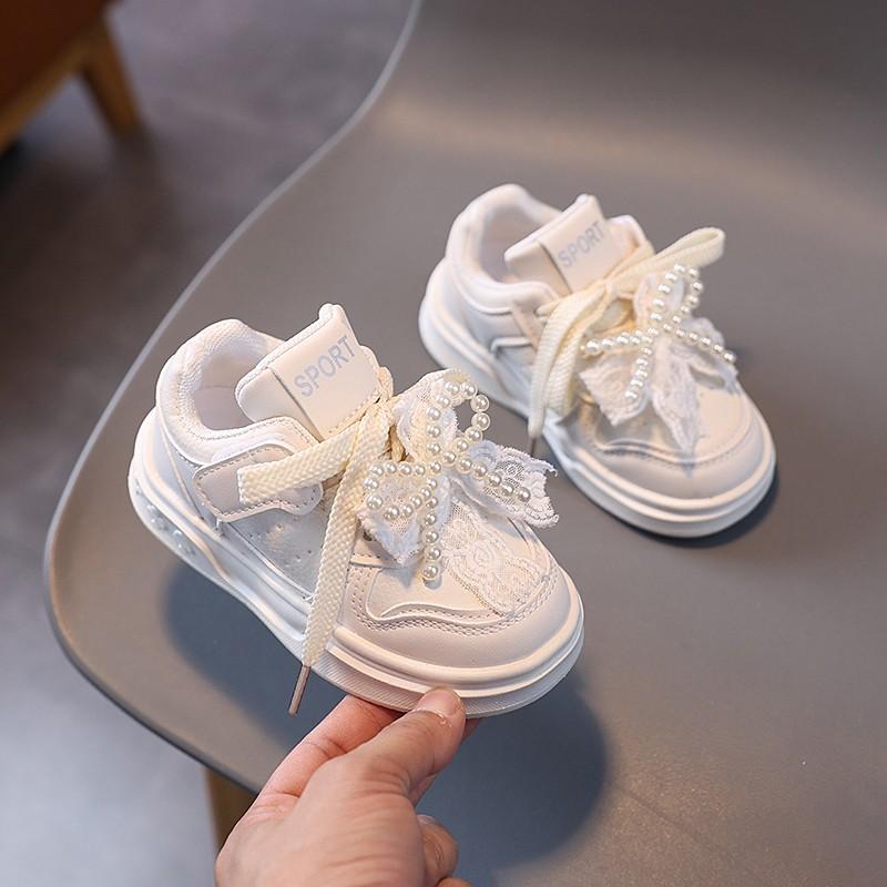 0-6 Years Old Children's Beads Bow Shoes Spring Autumn Breathable Boys Girls Board Shoes Soft Non-slip Kids Sneakers