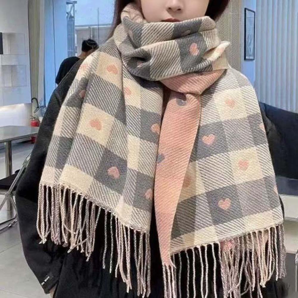 Warmer Plaid Knitted Scarf Long Tassel Shawl Gifts Heart Thickened Scarf  Spring