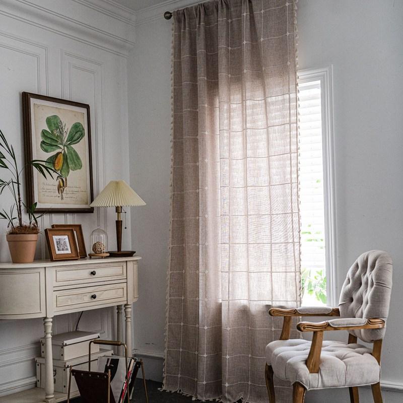 American Cotton Linen Plaid Curtains for Living Room Semi Blackout Bedroom Drapes Cabinet Home Life Tassel Decorative Valance