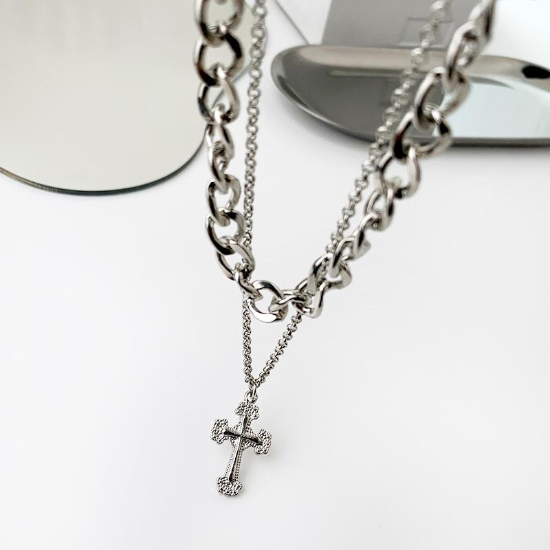 Cross Necklace Double Stacked Hip Hop Cold Style Men's Tide Sweater Chain ins Jewelry Titanium Steel Necklace