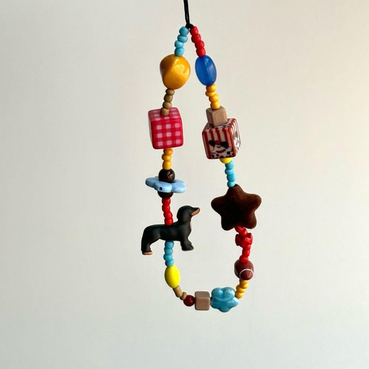 Чжао Лусы В том же стиле Квадратный Такса Милая Цепочка для Телефона для Женщин Бисерная CCD Универсальный Шнурок CCD Камера 【Colorful Beaded Dachsh