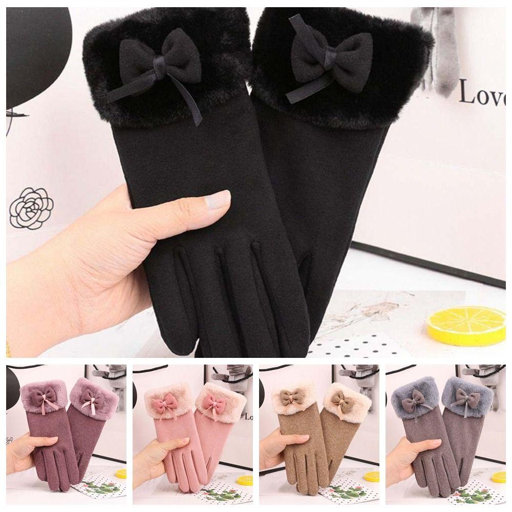 Bow Thickened Suede Gloves Soft Windproof Finger Mittens All-Match Women Anti-cold Gloves  Outdoor