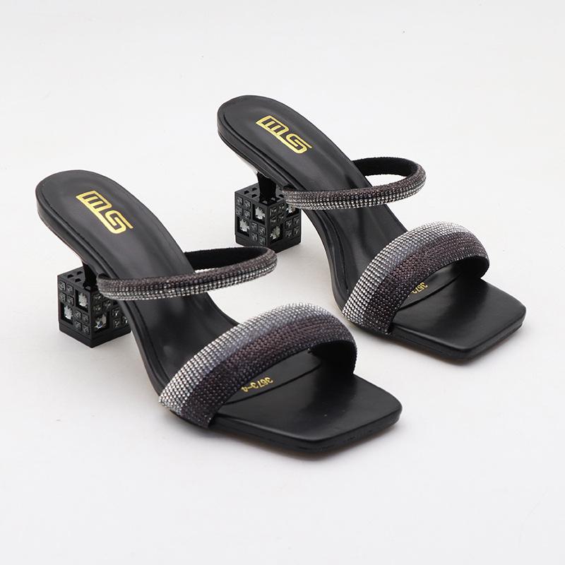 Fashion Fashion Women's Slippers 2024 New Summer Luxury Square Toe Rhinestone Shaped Heel High Heels Sandalias De Mujer Female Sandals