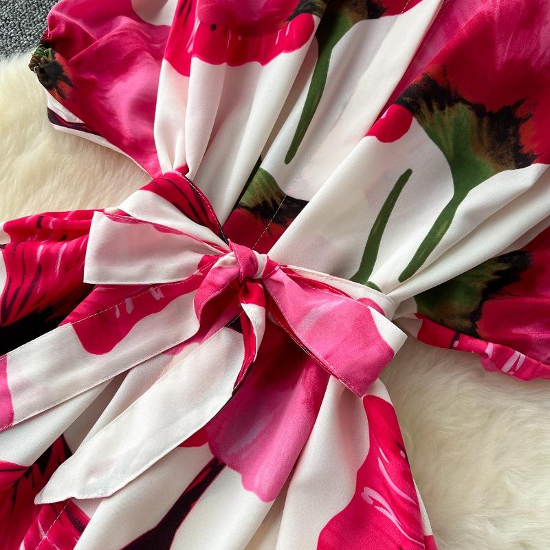 Summer Dress Retro Lantern-sleeved Women's Dress Single-breasted Cinched-waist Tie Printed Dress