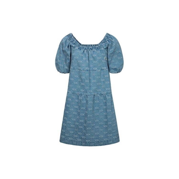 Evisu SS24 Seagull Embroidery And Allover Logo Jacquard Fashion Denim Short Sleeve Dress Women Dress Denim-Blue 2ESHTW4DR4070FFDP