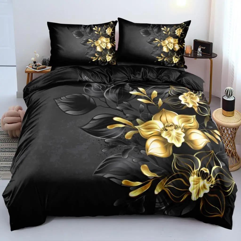 3D Design Flowers Duvet Cover Sets Bed Linens Bedding Set Quilt/Comforter Covers Pillowcases 240x220 Size Black Home Texitle