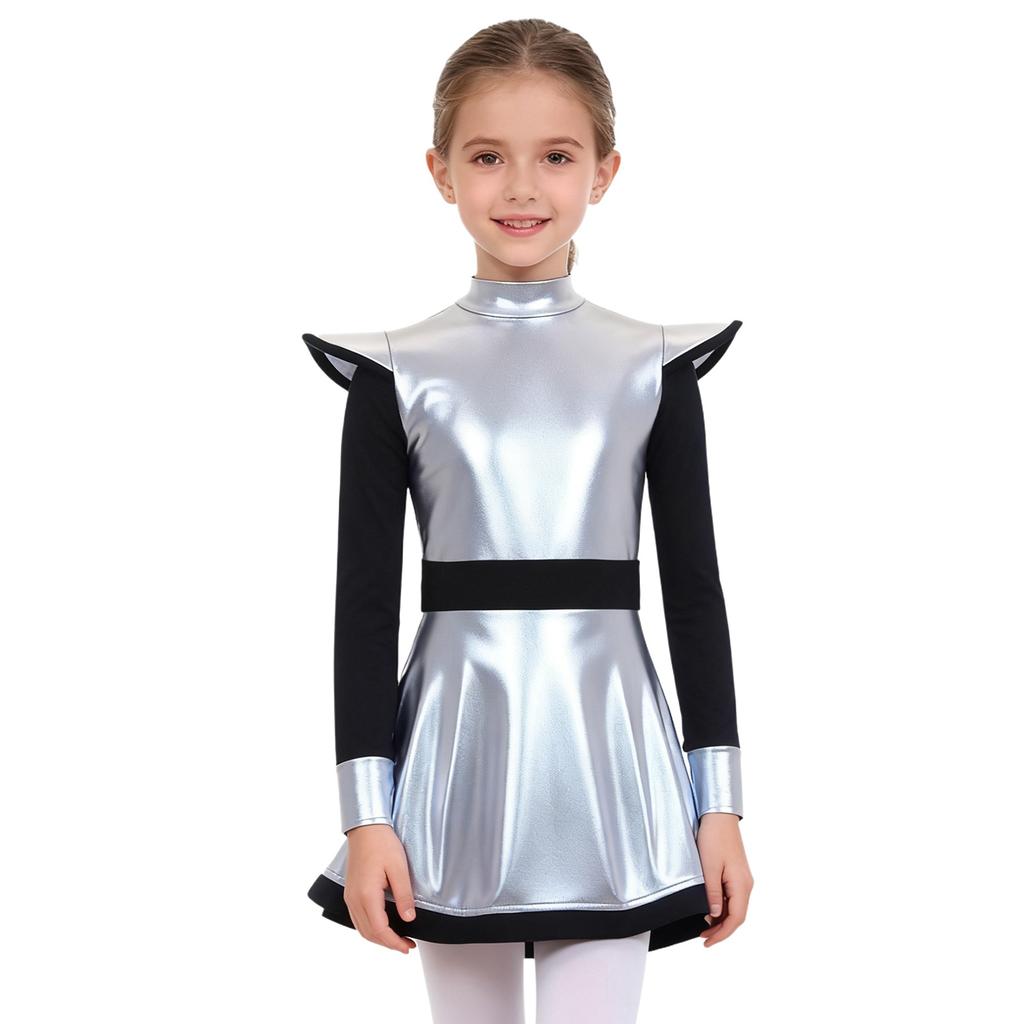 Robe Costumes d'Aliens pour Filles Patchwork Brillant Métallique Col Montant Manches Longues Fermeture Éclair Invisible Short Intégré