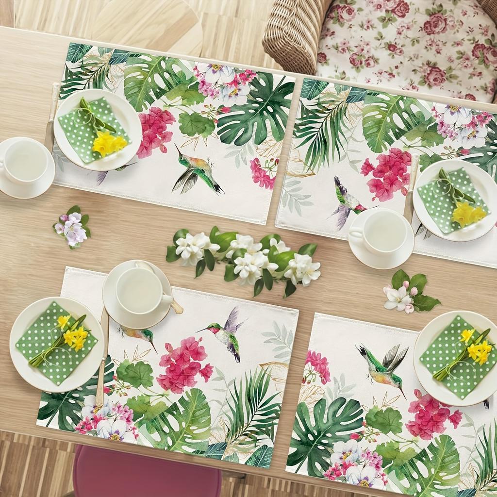 1pc Spring and Summer Geranium Flower Placemats, Red Floral Hummingbird Palm Leaf Monstera Table Placemats