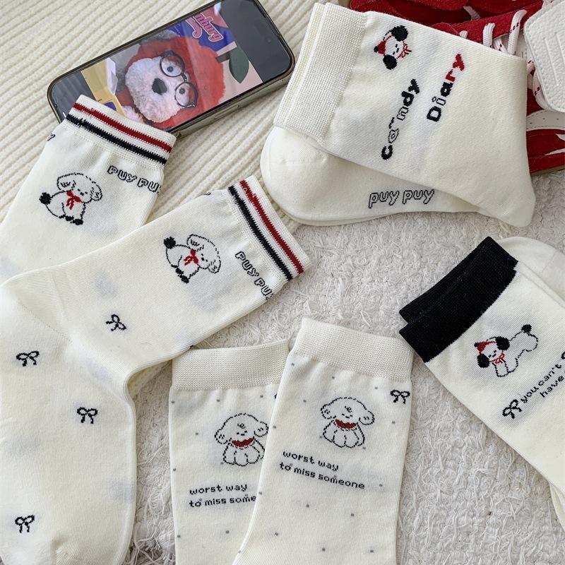 White Cute Cartoon English Dog Boneless Mid-calf Socks for Women, Pure Cotton Bow Polka Dot Pile Socks