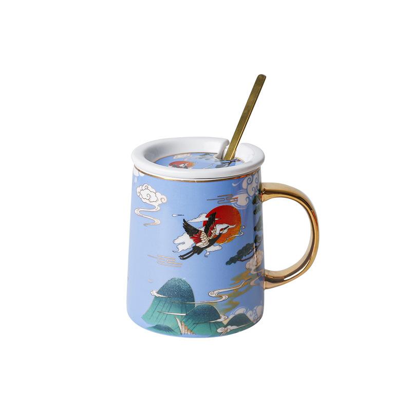 Creative National Tide Style Festive Mug With Spoon And Lid  Personality Ceramic Cup Chinese Style Couple Coffee Water Cup