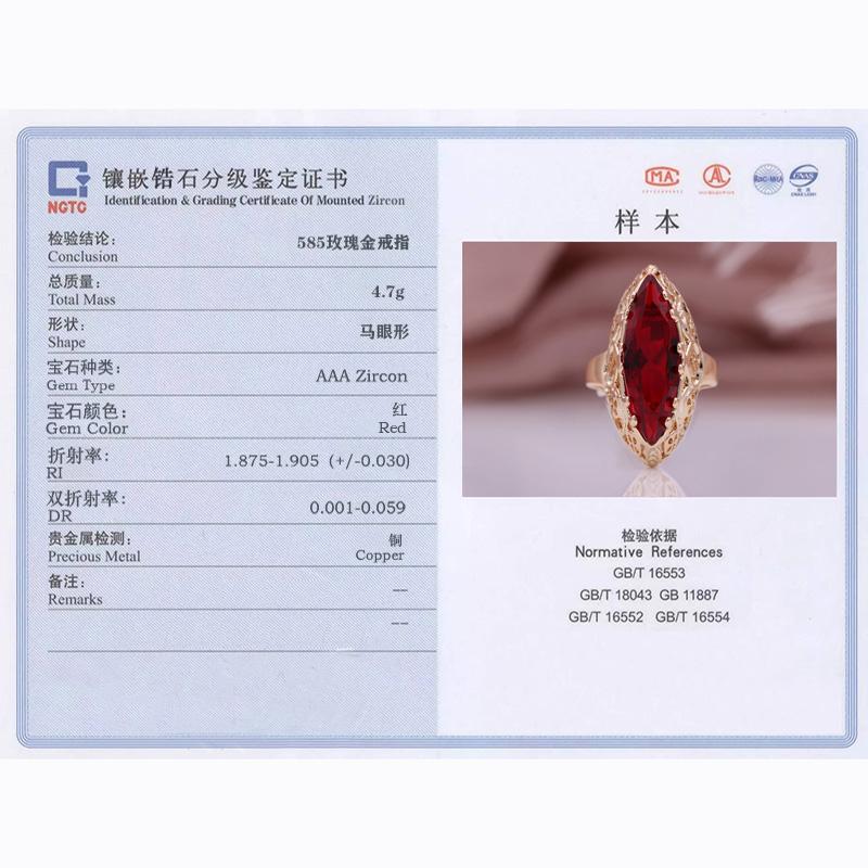 Wykwintne pierścionki damskie w kolorze różowego złota puste pierścionki oko konia czerwona sztuczna cyrkonia wyjątkowy prezent urodzinowy