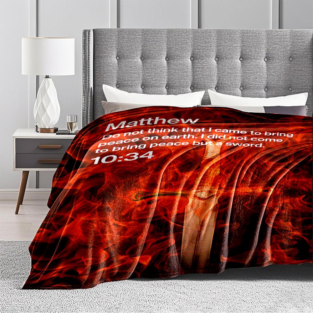 Sword and Flames with Text Design Flannel blanket for bedroom, living room, sofa, and nap