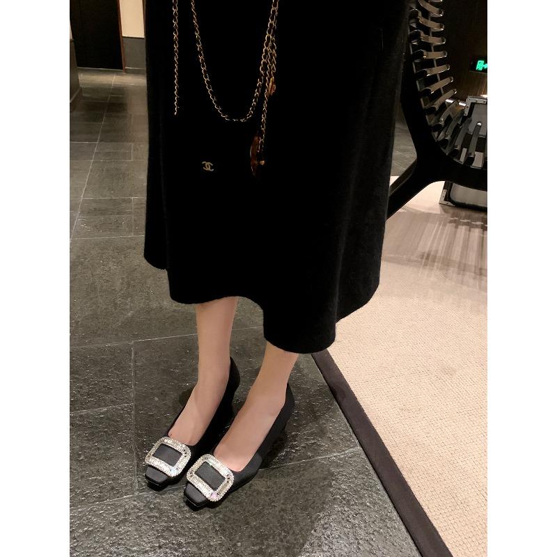 [] Dinner Party~ Silk Satin Rhinestone Square Buckle Shallow Mouth Middle Heel Square Head Single Shoes Women's Wedding Shoes