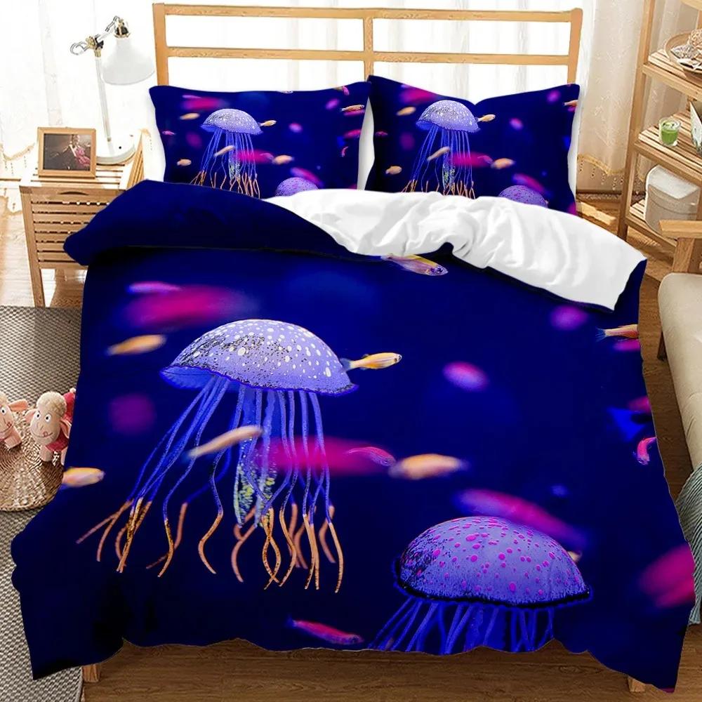 3D Quallen Bettwäsche Set 3-teilig Queen Size Quallen Druck Bettbezug Weiche Polyester Bettdeckenbezug für Erwachsene Teenager Kind Junge