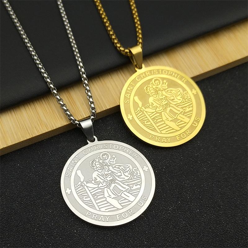 Saint Christopher Pray Us Pendant Necklace for Women Men Stainless Steel Gold Color Religious Amulet Chain Jewelry NZZZ776S02