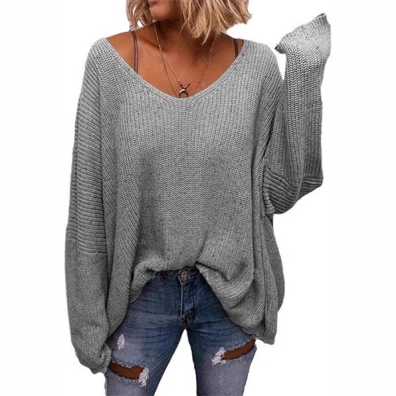 Womens V-Neck Loose Long Sleeve Knit Sweater Winter Casual Home Outfit