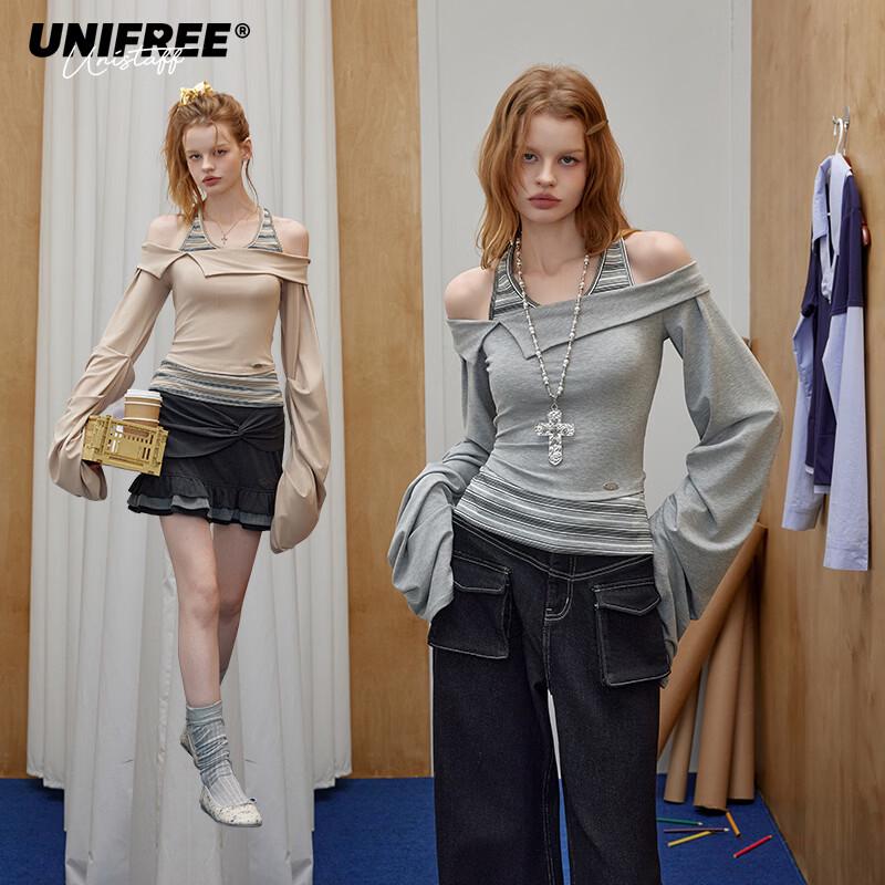 UNIFREE Women s Korean Style Off-Shoulder Faux Two-Piece T-Shirt 2XL