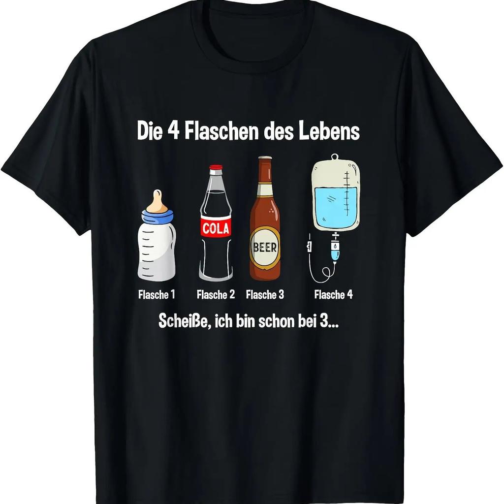 Herren Humor T-Shirt mit Grafik "Die 4 Flaschen des Lebens" Kurzarm