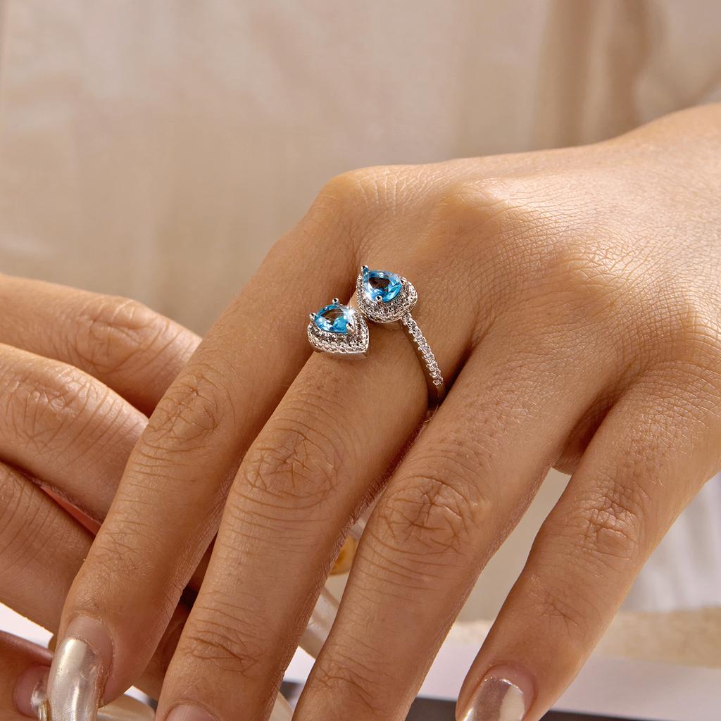 Romantic Blue Double Teardrop Crystal Adjustable Ring for Women Exquisite Micro Paved Zircon Open Finger Ring Party Jewelry