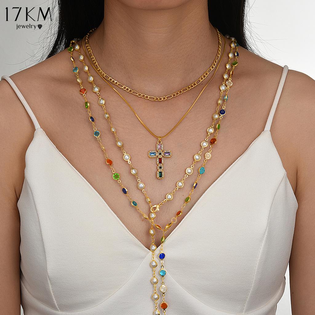 17KM 4 Piece Fashion Colored Cross Necklace Set Jewelry Women Trendy Shiny Daily Party Gift For Her