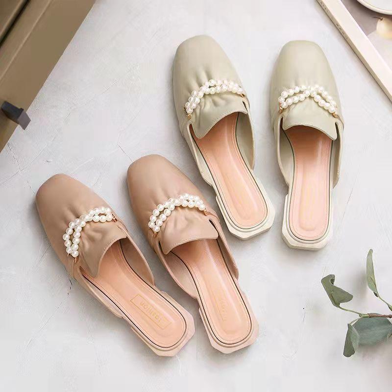 Fashion Women Slippers 2024 New Summer Fashion Slip on Flat Soled Cute Casual Outdoor Pearl Toe Square Toe Women Shoes